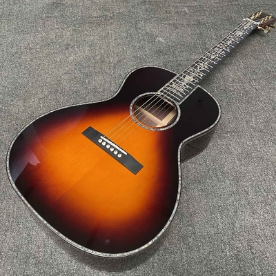 China Custom OOO Body 39 inch abalone binding sunburst color solid rosewood back side acoustic guitar accept guitar bass OEM supplier