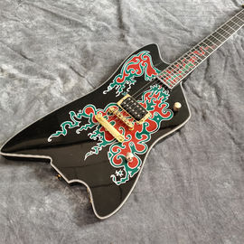 China Custom New 6 Strings Black Electric Guitar with Fire Inlays Fingerboard Gold Color Hardware supplier